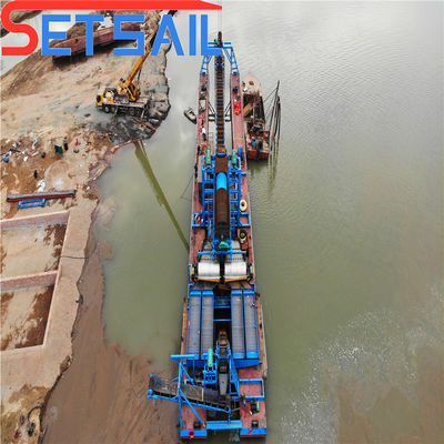 Hull afmeting 23m-49m aangepast keten emmer rivier zand goud bagger met trommel scherm